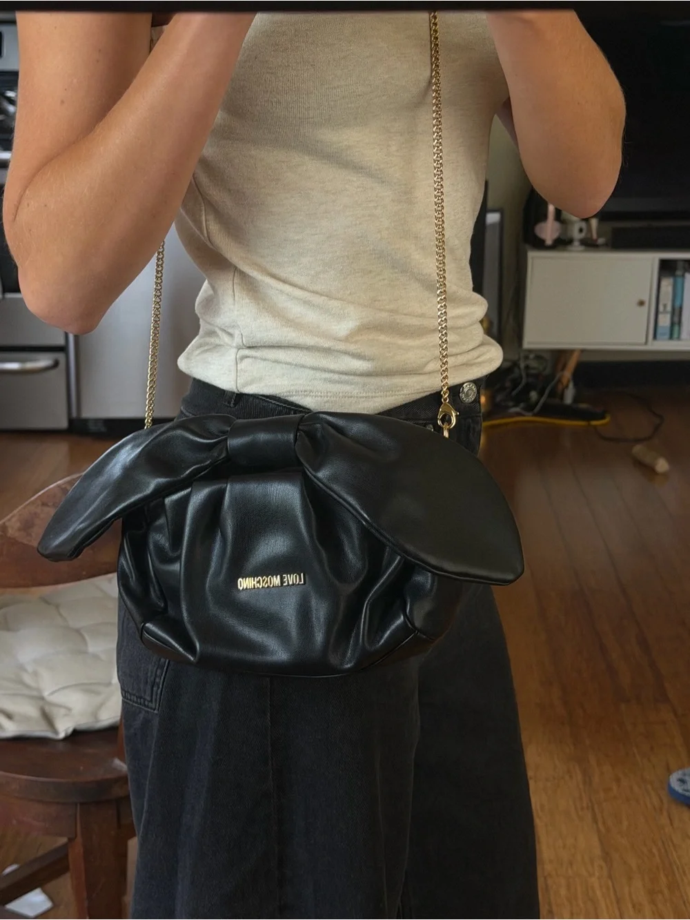 Love Moschino Black Faux Leather Crossbody with Gold Chain